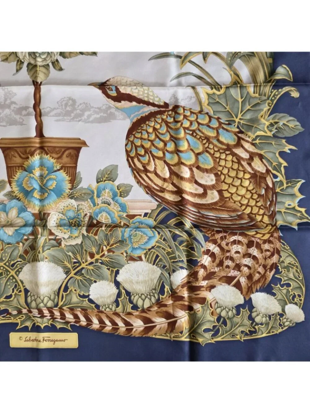 Vtg Salvatore Ferragamo Blue Pheasant Bird Silk Floral Print Hand Rolled Scarf